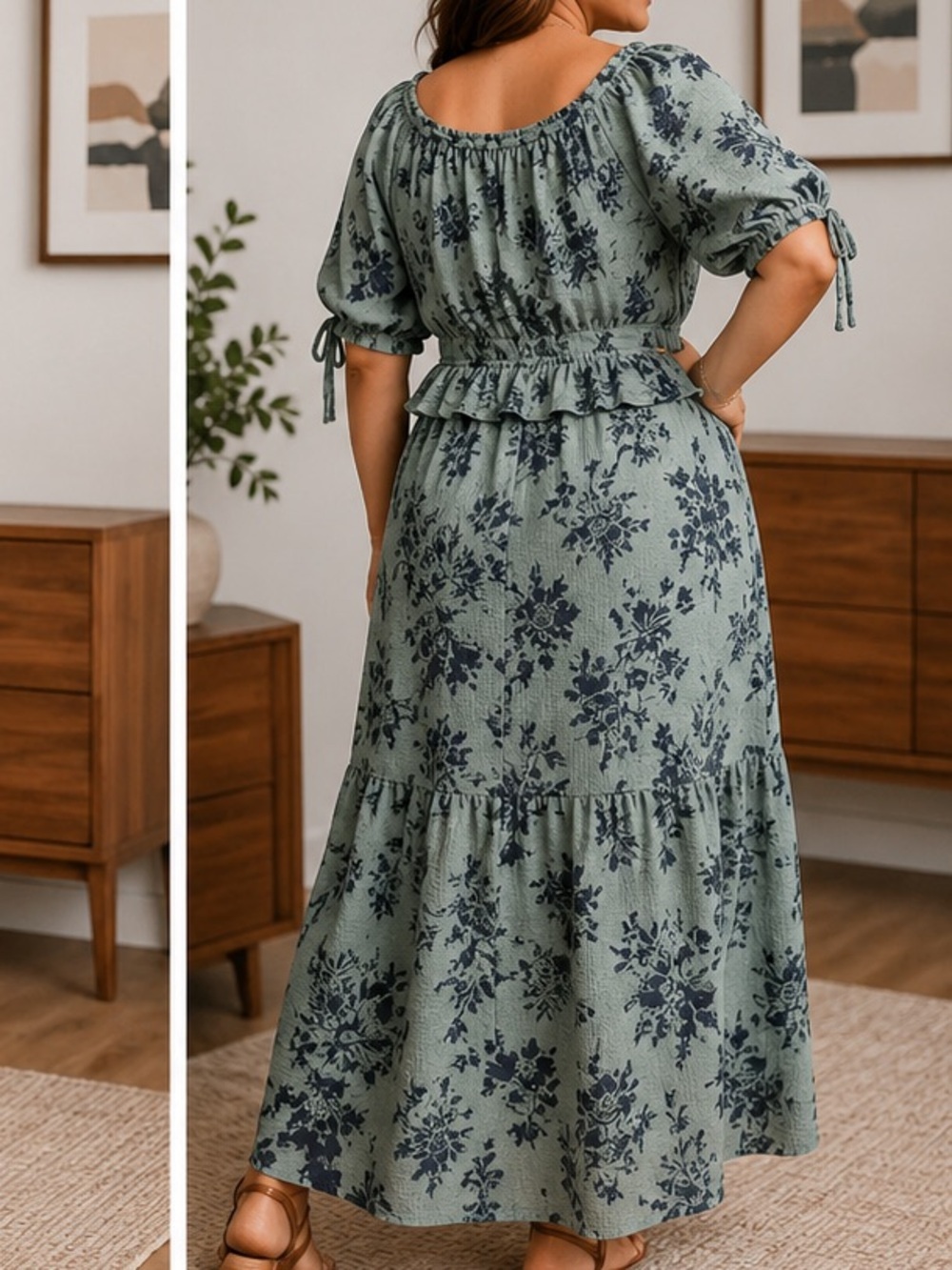 CATO Floral Puff-Sleeve Midi Dress in Sage Green LARGE Pit 18”
Length 50”